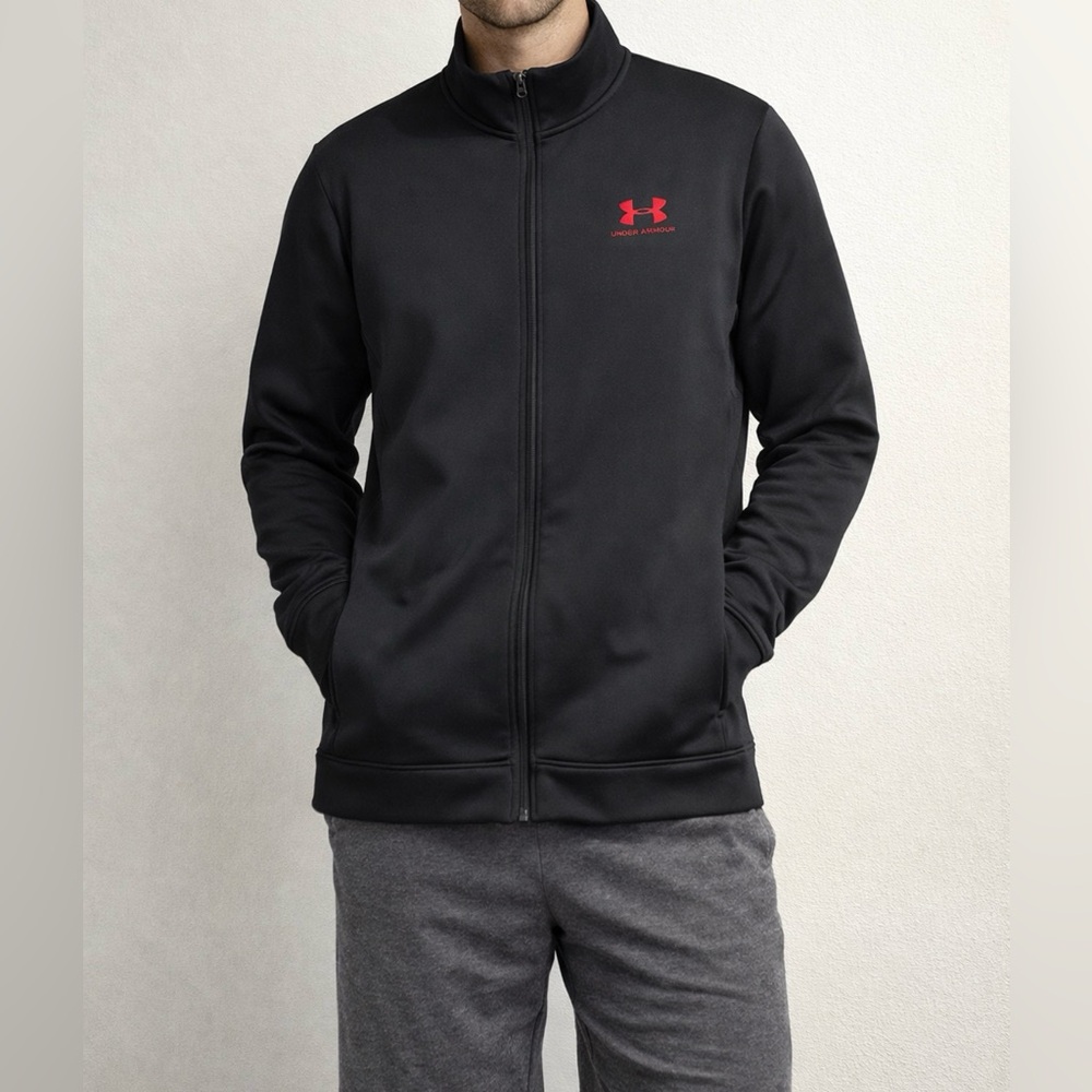 Under Armour Men’s XL Black Full Zip Jacket Red Logo Athletic Track EUC